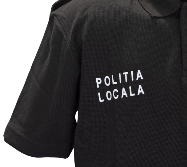 Black polo shirt with short sleeves and epaulettes for LOCAL POLICE