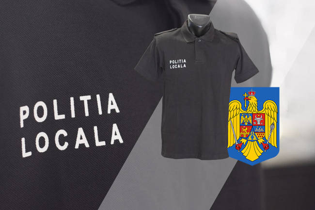 Black polo shirt with short sleeves and epaulettes for LOCAL POLICE