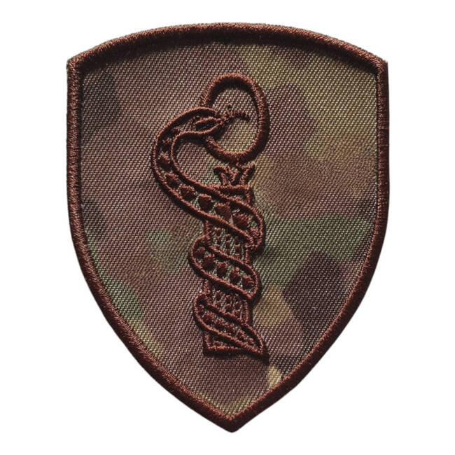 EMBLEMA SEMN DE ARMA MANECA SCUT - MEDICAL  - BRODATA PE SUPORT CAMUFLAJ COMBAT FORTE TERESTRE CU FIR MARO