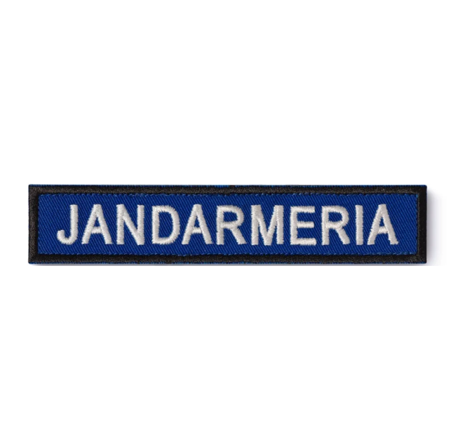 Ecuson "JANDARMERIA" piept, pe suport albastru royal și aplicare prin coasere - 12,5x2,5 cm