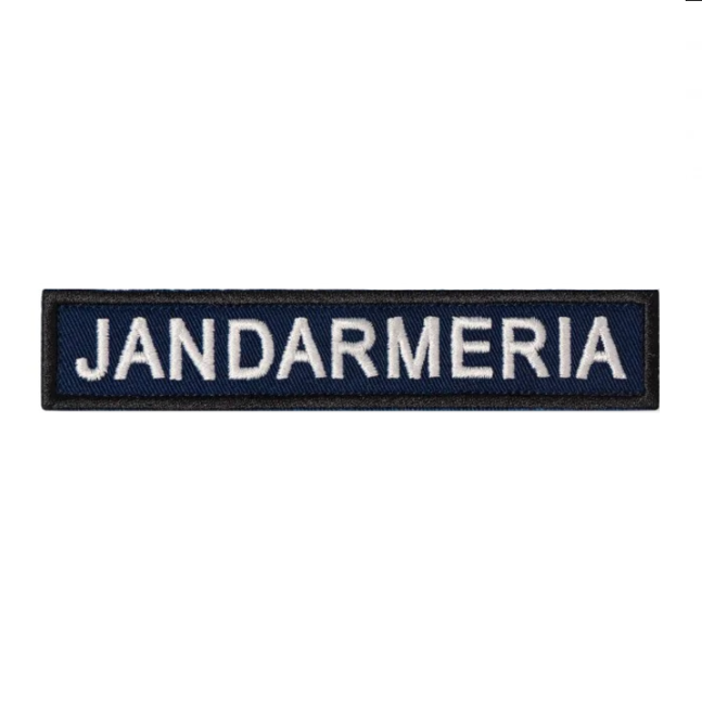 Ecuson "JANDARMERIA" piept, pe suport bleumarin și aplicare Velcro (cu scai)  - 11,5x2,5 cm