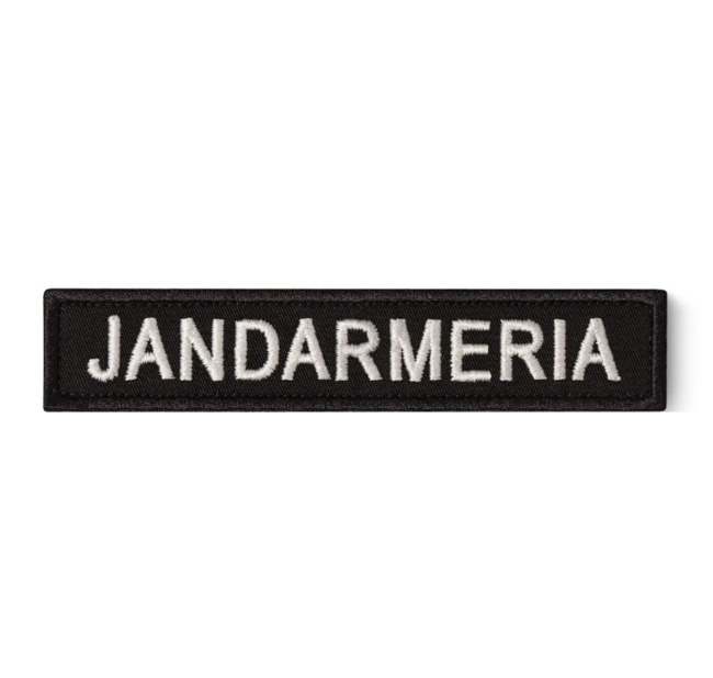 Ecuson "JANDARMERIA" piept, pe suport negru și aplicare Velcro (cu scai)  - 11,5x2,5 cm