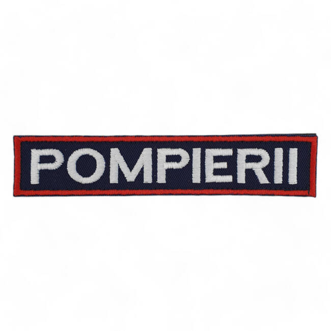 Ecuson POMPIERII piept cu contur rosu - aplicare termica - 12,5x2,5 cm