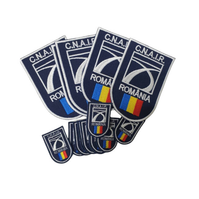 Emblema C.N.A.I.R. brodata pe suport albastru royal, cu aplicare prin coasere - 10x6,5 cm