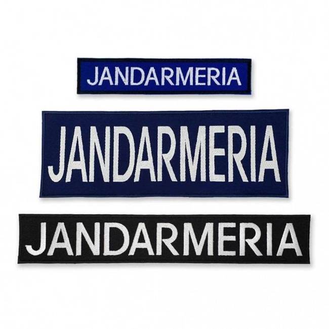 Emblemă "JANDARMERIA" spate, pe suport negru și aplicare tip Velcro (cu scai) - 20x5 cm