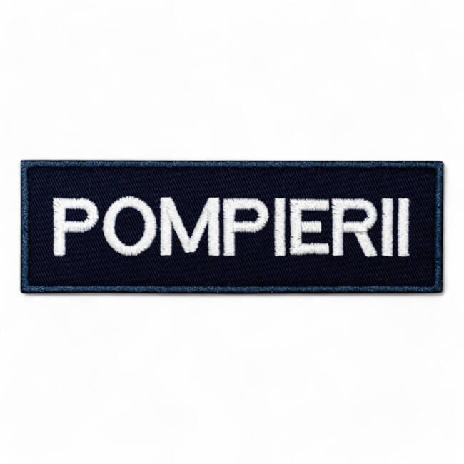 Emblema spate - POMPIERII - brodata pe suport albastru inchis (navy) cu contur bleumarin si text alb - aplicare termica - 20x5 cm