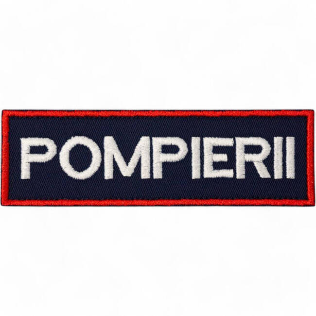 Emblema spate - POMPIERII - brodata pe suport albastru inchis (navy) cu contur rosu si text vernil fluorescent - aplicare Velcro (cu scai) - 20x5 cm