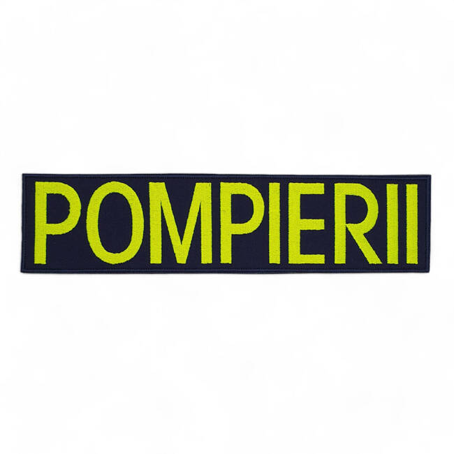 Emblema spate - POMPIERII - brodata pe suport negru cu contur rosu si text alb - aplicare termica - 20x5 cm