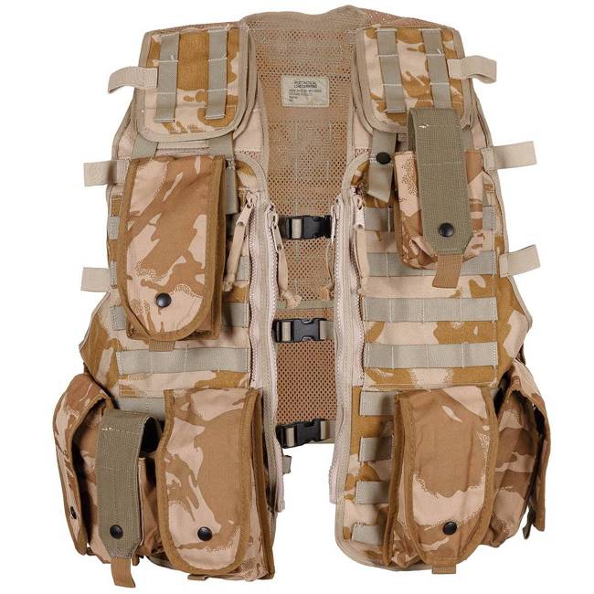 LOAD CARRYING TACTICAL VEST WITH 9 POUCHES - DPM DESERT - BRITISH MILITARY SURPLUS - LIKE NEW