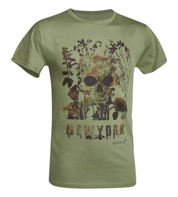 PRINTED T-SHIRT - SKULL WITH FLOWERS - D.FIVE - OD GREEN