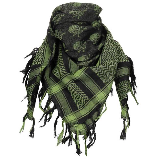 Shemagh (Scarf), fringed, OD green-black with skull