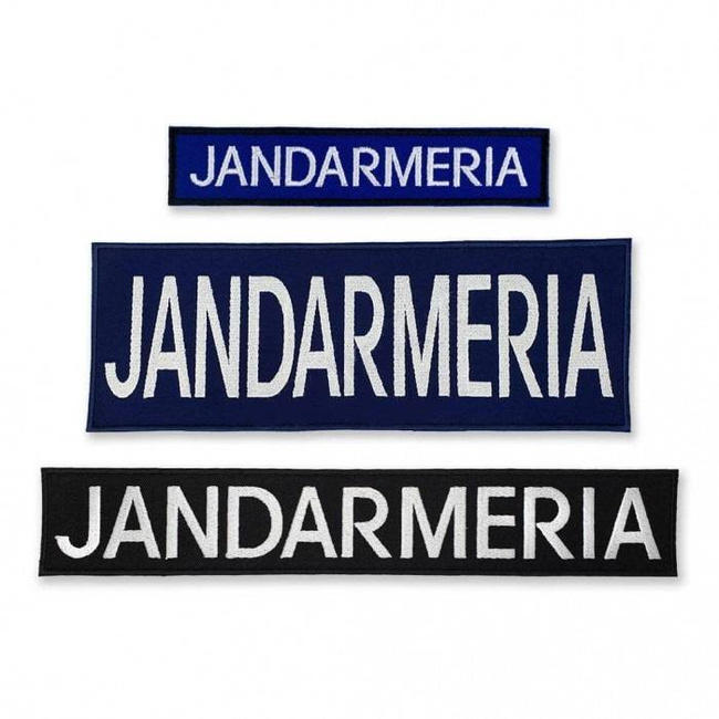 Emblemă "JANDARMERIA" spate, pe suport bleumarin și aplicare prin coasere - 24x8 cm