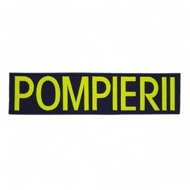 Emblema spate - POMPIERII - brodata pe suport albastru inchis (navy) cu contur bleumarin si text vernil fluorescent - aplicare Velcro (cu scai) - 28x10 cm