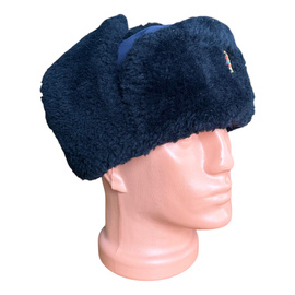 WINTER CAP FOR CADRES - SOVIET PERIOD - ROMANIAN ARMY MILITARY SURPLUS - NAVY BLUE WITH BLACK FUR - IN GOOD CONDITION
