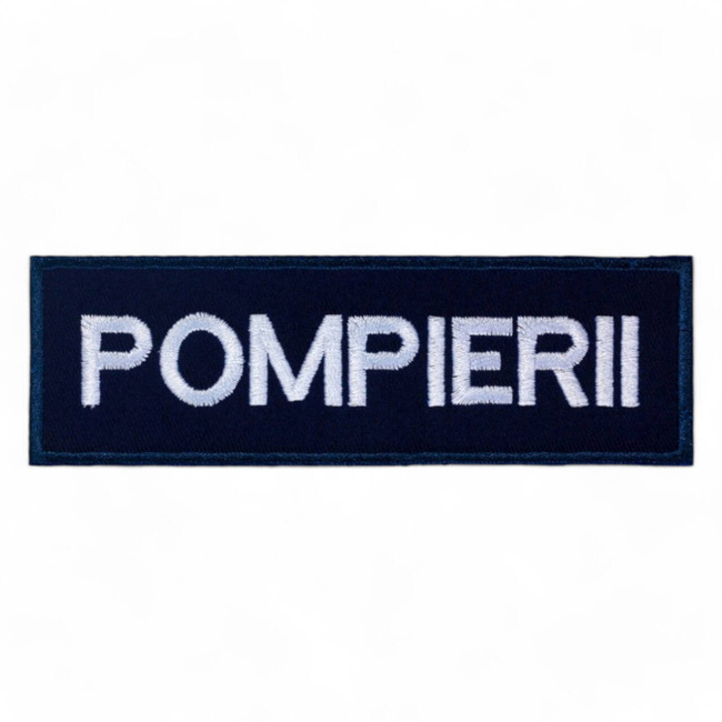 Ecuson POMPIERII piept cu contur bleumarin - aplicare prin coasere - 12,5x2,5 cm